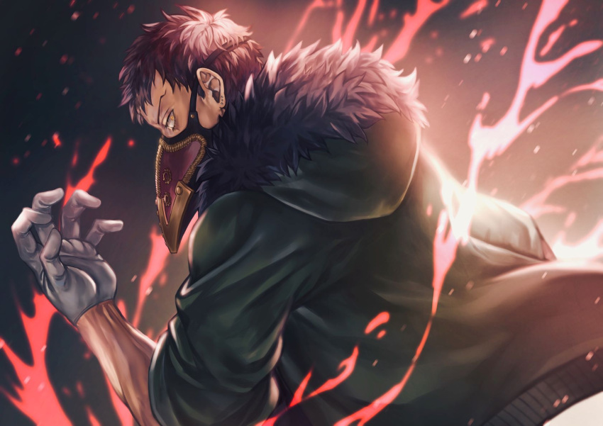 1boy aura black_background black_hair boku_no_hero_academia chisaki_kai ear_piercing feather_trim gloves green_jacket hand_up highres hood hood_down hooded_jacket jacket male_focus mask mouth_mask open_hand piercing plague_doctor_mask profile short_hair sideways_glance sirius_xe sleeves_rolled_up solo upper_body white_gloves yellow_eyes
