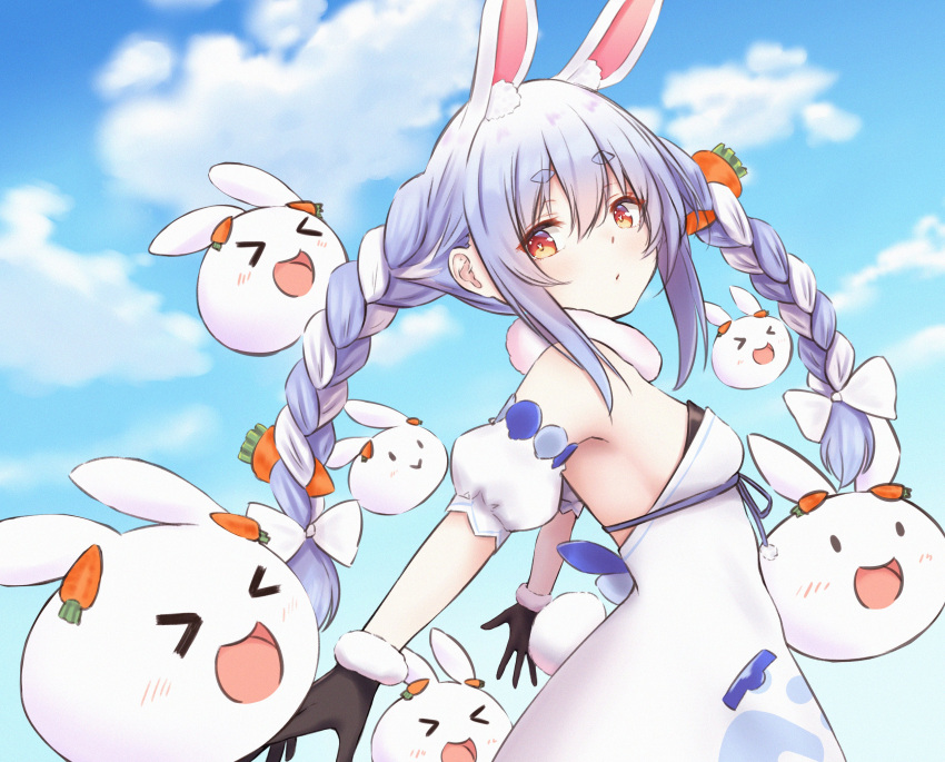 &gt;_&lt; 1girl :&gt; :d :o absurdres animal_ear_fluff animal_ears bare_shoulders black_gloves blue_ribbon blush braid breasts bunny-shaped_pupils carrot_hair_ornament closed_mouth clouds cloudy_sky commentary_request day detached_sleeves dress eyebrows_visible_through_hair food_themed_hair_ornament from_side fur_trim gloves hair_between_eyes hair_ornament highres hololive light_purple_hair long_hair looking_away looking_back multicolored_hair open_mouth orange_eyes pikao puffy_short_sleeves puffy_sleeves rabbit rabbit_ears ribbon scarf short_sleeves sidelocks sky small_breasts smile solo thick_eyebrows twin_braids two-tone_hair upper_body usada_pekora virtual_youtuber white_dress white_hair
