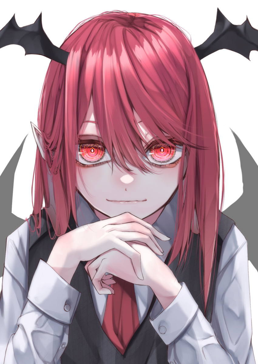 1girl bat_wings black_vest closed_mouth fall_dommmmmer hair_between_eyes head_wings highres koakuma light_smile long_hair looking_at_viewer necktie pointy_ears red_eyes red_neckwear redhead shirt simple_background solo touhou upper_body vest white_background white_shirt wings