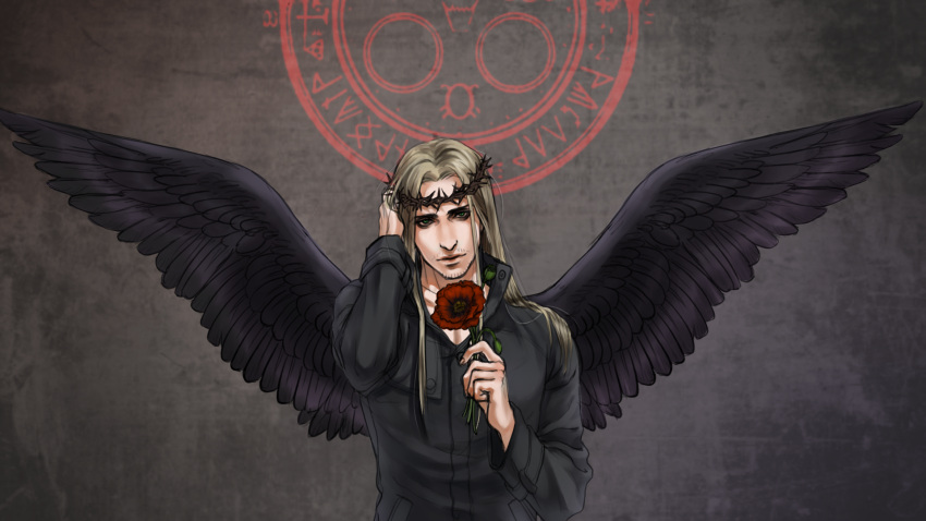 1boy black_wings blonde_hair blood cang_fade crown_of_thorns facial_hair green_eyes halo_of_the_sun hand_in_hair highres long_hair male_focus poppy silent_hill solo stubble walter_sullivan wings