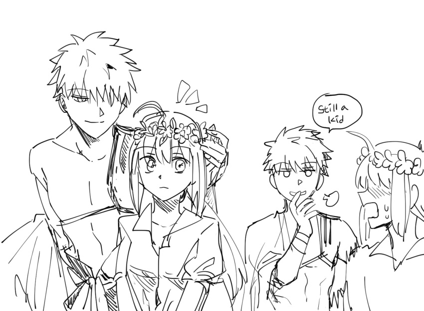 1boy 1girl ahoge appleale19 artoria_pendragon_(all) blush emiya_shirou english_text fate/grand_order fate/stay_night fate_(series) flower flower_wreath greyscale hair_ornament korean_commentary limited/zero_over monochrome saber sengo_muramasa_(fate) simple_background sketch white_background