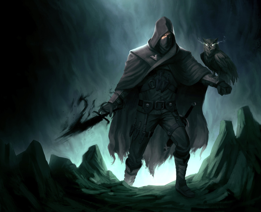 1boy animal animal_on_arm armor belt bird bird_on_arm black_eyes cloak commission dagger dungeons_and_dragons gloves glowing glowing_eyes grey_cloak grey_gloves highres hood hood_up hooded_cloak leather_armor male_focus mask mouth_mask original owl rogue scabbard shadow sheath sheathed torn torn_cloak torn_clothes twotimesthedime weapon