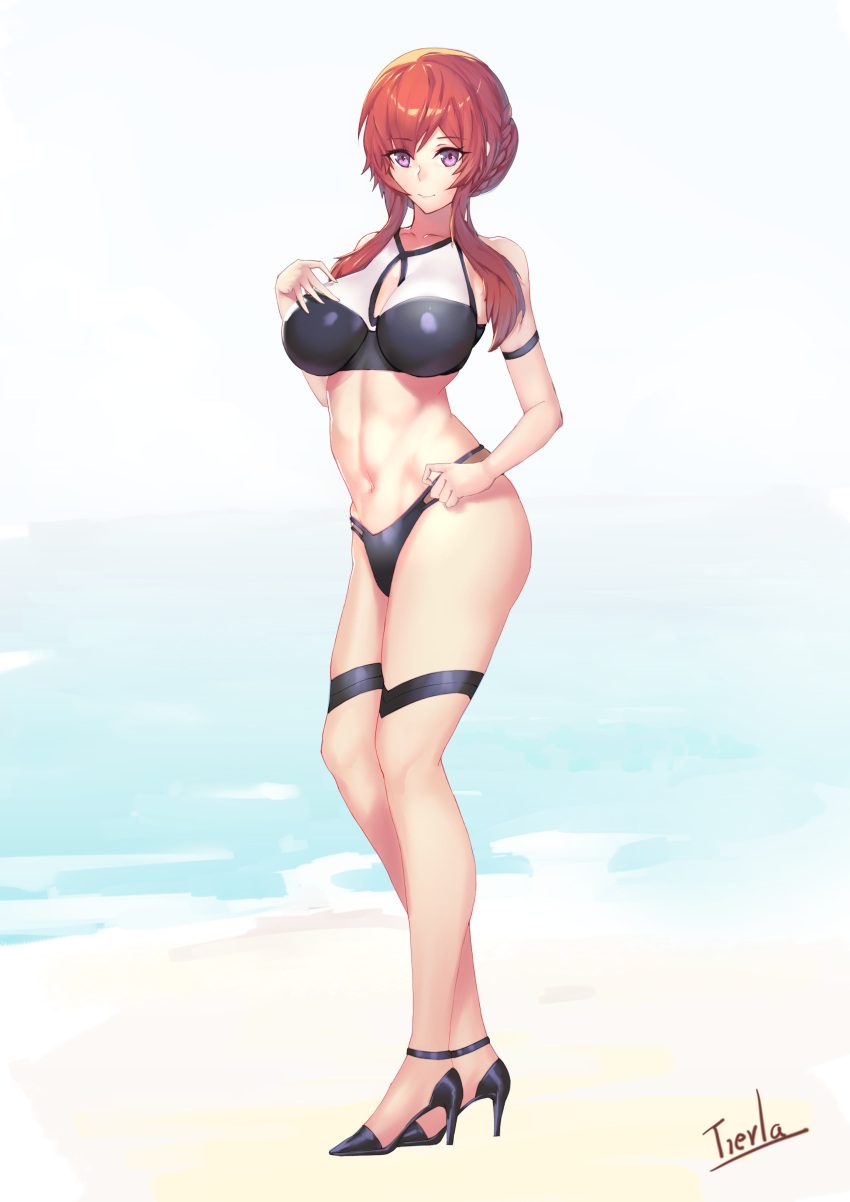 1girl absurdres artist_name azur_lane bare_shoulders bikini black_footwear braid breasts crown_braid eyebrows_visible_through_hair full_body high_heels highres impossible_clothes impossible_swimsuit large_breasts monarch_(azur_lane) redhead simple_background solo swimsuit tierla violet_eyes