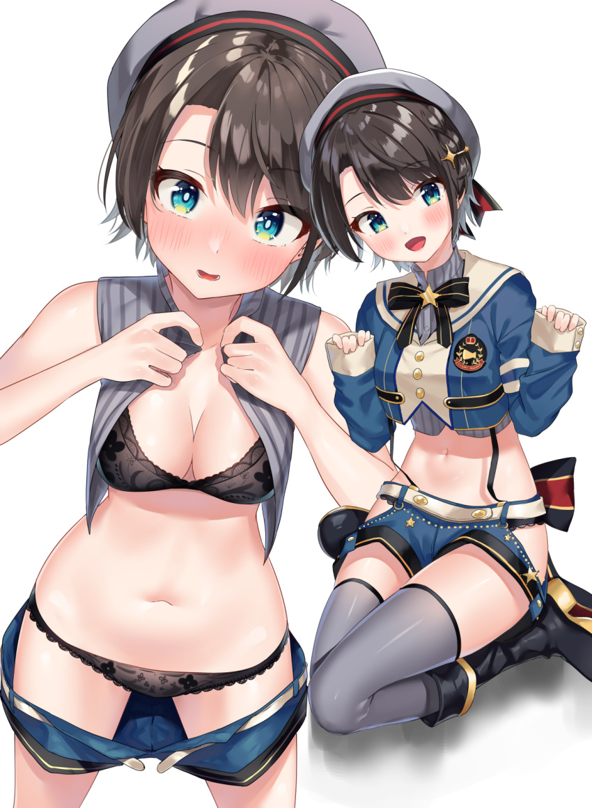 1girl :d bare_arms bare_shoulders belt beret black_bra black_footwear black_hair black_panties blue_eyes blue_jacket blue_shorts blush boots bow bowtie bra commentary_request crop_top cropped_jacket grey_headwear grey_legwear grey_shirt hat highres hip_vent hololive jacket k_mugura lace-trimmed_bra lace-trimmed_panties lace_trim long_sleeves looking_at_viewer midriff multiple_views navel oozora_subaru open_clothes open_mouth open_shirt panties shirt short_hair short_shorts shorts shorts_pull simple_background sleeveless sleeveless_shirt smile stomach striped striped_shirt suspenders thigh-highs thighs underwear virtual_youtuber white_background