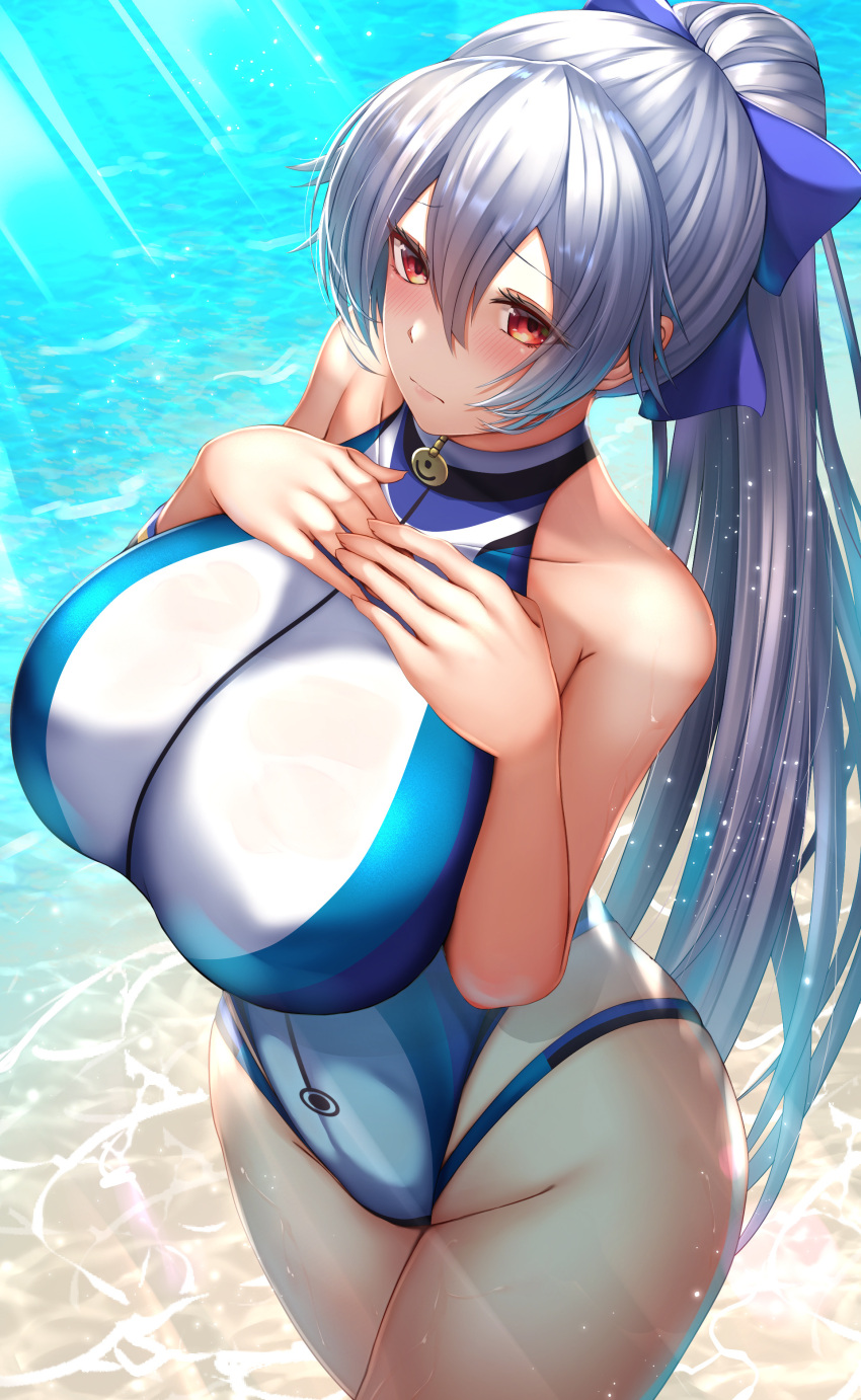 1girl absurdres bangs beach blue_bow blue_swimsuit bow breasts closed_mouth fate/grand_order fate_(series) hair_between_eyes hair_bow hands_on_own_chest highleg highleg_swimsuit highres large_breasts long_hair looking_at_viewer one-piece_swimsuit ponytail red_eyes shore silver_hair swimsuit thighs tiri_man tomoe_gozen_(fate/grand_order) tomoe_gozen_(swimsuit_saber)_(fate) two-tone_swimsuit white_swimsuit