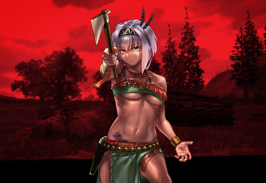 1girl aqua_eyes asatsuki_(cookie) bandages bangs beads belt beltbra bird bra bracer breasts closed_mouth collarbone commentary_request cookie_(touhou) cowboy_shot crossover eyebrows_visible_through_hair eyes_visible_through_hair feathers green_bra hair_between_eyes hair_feathers hatchet heterochromia holding holding_hatchet holding_weapon holster jewelry konpaku_youmu looking_at_viewer medium_breasts megafaiarou_(talonflame_810) midriff native_american navel necklace pelvic_curtain red_dead_redemption red_theme rock short_hair solo standing studded_belt tan tattoo touhou tree under_boob underwear weapon white_hair yellow_eyes
