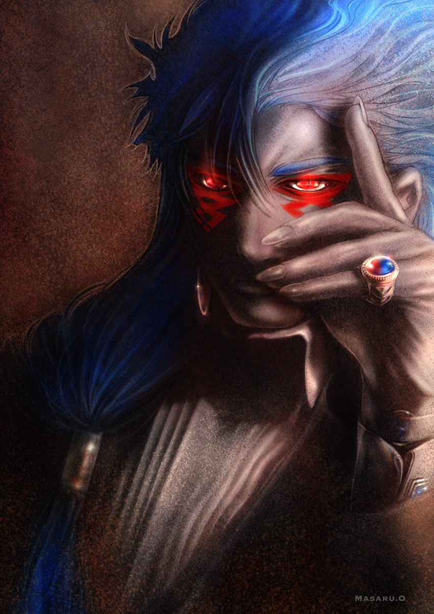 1boy absurdres alternate_costume angry artist_name beads blue_hair bracelet closed_mouth collared_shirt cu_chulainn_(fate)_(all) cu_chulainn_alter_(fate/grand_order) dark_persona earrings facepaint fate/grand_order fate_(series) fingernails glowing glowing_eyes graphite_(medium) hair_beads hair_ornament hand_on_own_face highres jewelry long_hair looking_at_viewer macha_(drawing_macha) male_focus ponytail red_eyes ring sharp_fingernails shirt slit_pupils solo spiky_hair traditional_media type-moon