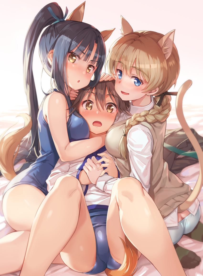 3girls :d :o absurdres animal_ears aqua_panties ass bangs bare_legs bed_sheet black_hair black_ribbon blonde_hair blue_eyes blue_ribbon blue_swimsuit blunt_bangs braid breasts brown_eyes brown_hair butt_crack cat_ears cat_girl cat_tail competition_swimsuit girl_sandwich green_legwear hair_ribbon hand_on_another's_head hattori_shizuka high_ponytail highres holding_hands legs_up long_hair long_sleeves lying lynette_bishop medium_breasts michairu miyafuji_yoshika multiple_girls on_back on_bed one-piece_swimsuit open_mouth panties ribbon sandwiched seiza shirt short_hair single_braid sitting smile socks strike_witches sweater_vest swimsuit tail underwear very_long_hair white_shirt world_witches_series yellow_eyes yuri