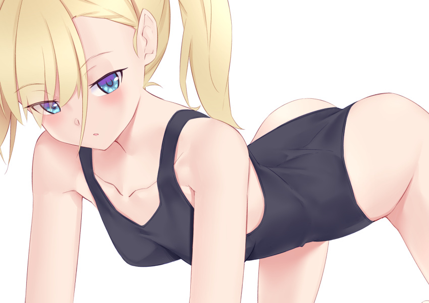 1girl all_fours ass black_swimsuit blonde_hair blue_eyes breasts collarbone commentary_request highres jilu long_hair looking_at_viewer one-piece_swimsuit original simple_background small_breasts solo swimsuit twintails white_background
