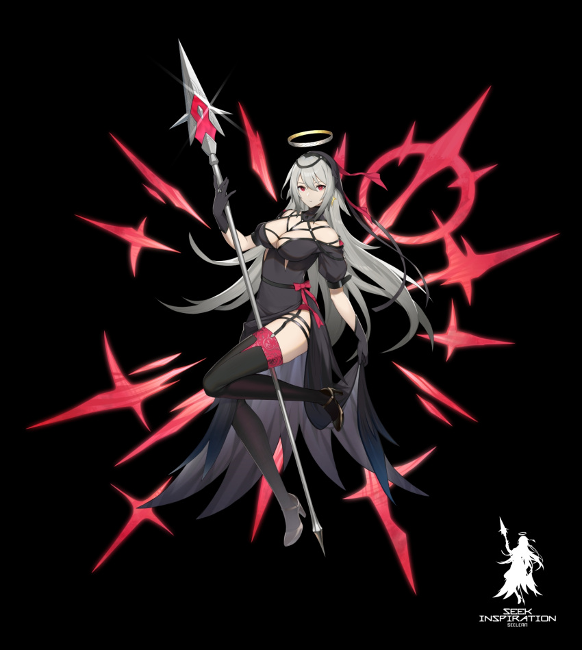 1girl artist_name bare_shoulders black_background black_dress black_footwear black_gloves bow breasts closed_mouth collarbone cross dress earrings english_text floral_print garter_straps glint gloves grey_hair hair_between_eyes halo high_heels highres holding holding_polearm holding_spear holding_weapon jewelry large_breasts long_hair looking_at_viewer original polearm red_bow red_eyes red_legwear ring seelean silhouette simple_background single_earring solo spear thigh_strap weapon