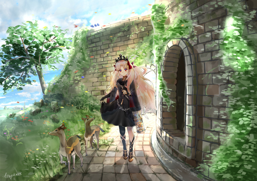 1girl alternate_costume arch artist_name bird birdcage black_dress blonde_hair cage capelet deer dress ereshkigal_(fate/grand_order) fate/grand_order fate_(series) gauntlets highres red_eyes red_ribbon ribbon single_thighhigh smile solo stone_wall thigh-highs trapiorra tree twintails wall