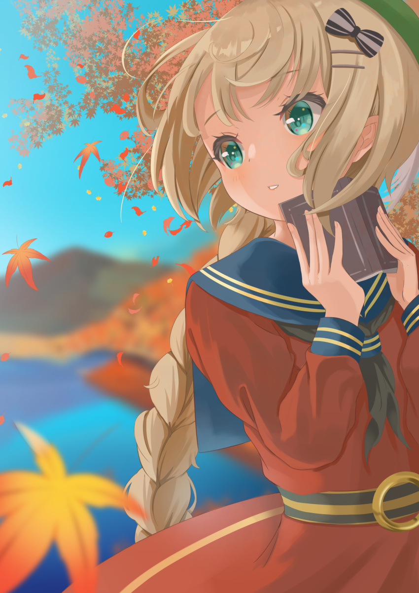 1girl aqua_eyes autumn autumn_leaves belt black_neckwear blonde_hair blue_sailor_collar blue_sky blurry blurry_background blurry_foreground book braid braided_ponytail commentary_request falling_leaves hair_ornament hair_ribbon hairclip highres holding holding_book leaf long_hair looking_to_the_side mountain neckerchief open_book original outdoors parted_lips partial_commentary red_serafuku ribbon rindou_ringdong sailor_collar sky solo standing tree upper_body very_long_hair water