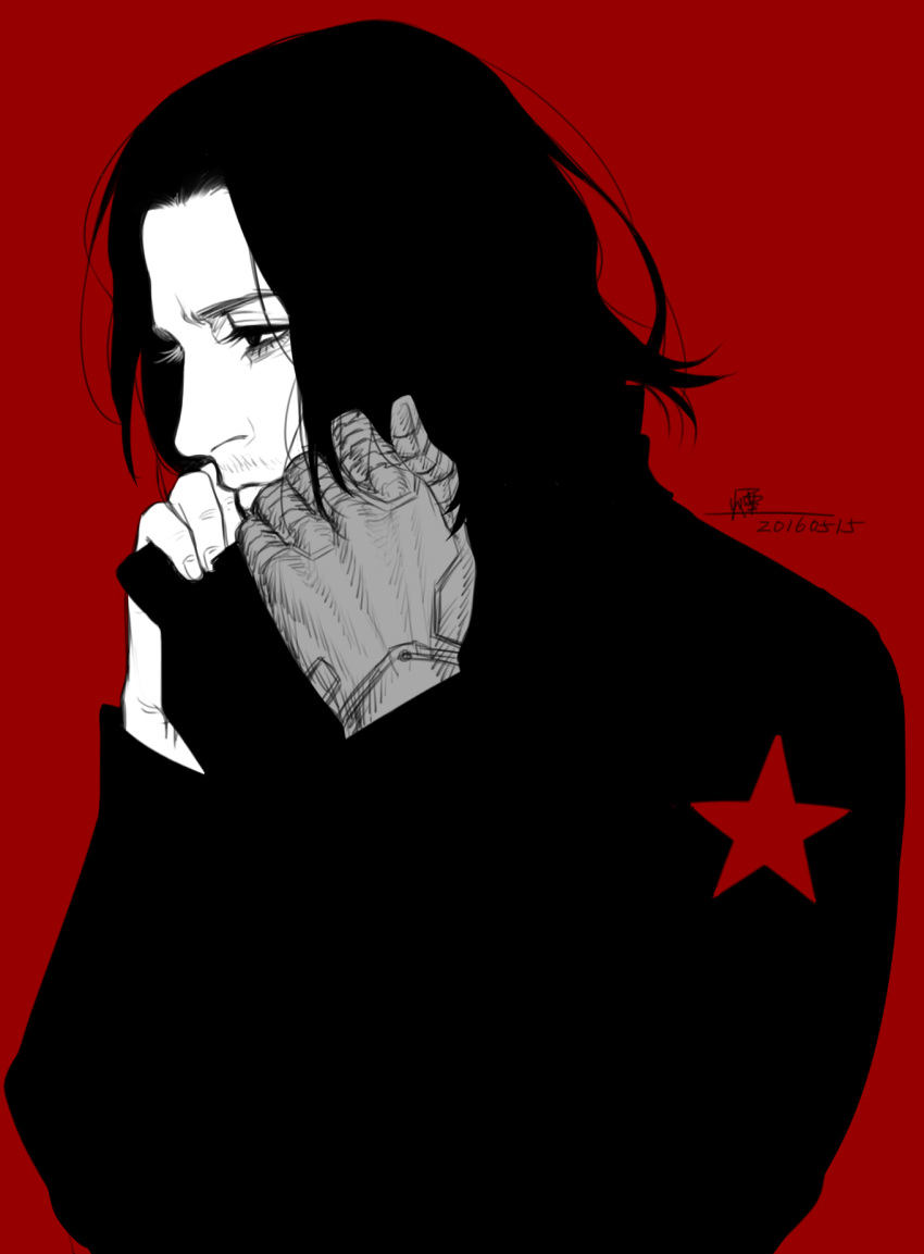 1boy cang_fade eyelashes facial_hair high_contrast highres holding holding_hair james_buchanan_barnes long_hair male_focus marvel mechanical_arm partially_colored profile prosthesis prosthetic_arm red_star solo stubble sweater upper_body