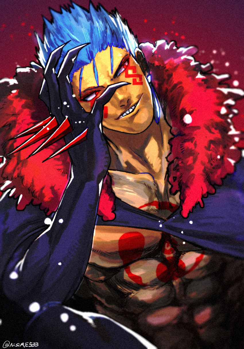 1boy abs absurdres angry blue_hair bodypaint cape claws closed_mouth collarbone cu_chulainn_(fate)_(all) cu_chulainn_alter_(fate/grand_order) dark_persona earrings facepaint fate/grand_order fate_(series) fur-trimmed_cape fur_trim hand_on_own_face highres jewelry looking_to_the_side male_focus monster_boy muscle red_eyes sharp_teeth skin_tight solo spikes spiky_hair teeth twitter_username type-moon udaruga
