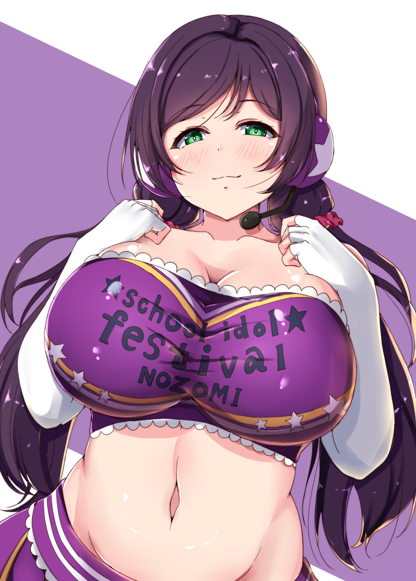 absurdres bandeau bangs blush breasts cheerleader collarbone elbow_gloves fingerless_gloves gloves green_eyes hair_ornament hair_scrunchie headphones highres large_breasts long_hair love_live! love_live!_school_idol_project low_twintails microphone midriff navel parted_bangs pink_scrunchie purple_hair scrunchie shinonon_(iso_shino) swept_bangs toujou_nozomi twintails upper_body white_gloves