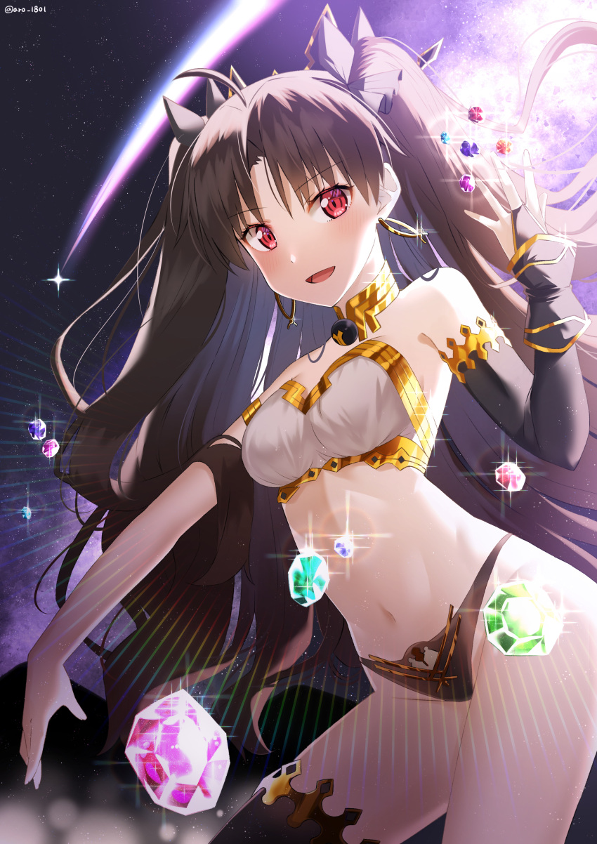 1girl :d absurdres ahoge aro_1801 backlighting bare_shoulders bikini black_bikini black_hair black_legwear bow breasts bridal_gauntlets collar contrapposto cowboy_shot earrings fate/grand_order fate_(series) gem glint gold_trim groin hair_bow hand_up highres hoop_earrings ishtar_(fate)_(all) ishtar_(fate/grand_order) jewelry long_hair looking_at_viewer medium_breasts mismatched_bikini navel open_mouth outstretched_arm red_eyes shooting_star single_thighhigh smile solo stomach string_bikini swimsuit thigh-highs thighs two_side_up very_long_hair white_bikini