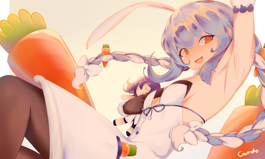 1girl :d absurdres animal_ear_fluff animal_ears arm_up armpits artist_name bangs black_gloves black_legwear blue_hair blush bow braid bright_pupils carrot carrot_hair_ornament character_doll coat commentary_request english_commentary eyebrows_visible_through_hair food food_themed_hair_ornament fur-trimmed_coat fur-trimmed_gloves fur_trim gelo gloves hair_ornament highres hololive long_hair looking_at_viewer moona_hoshinova multicolored_hair open_mouth orange_eyes pantyhose rabbit_ears smile solo twin_braids usada_pekora virtual_youtuber white_coat white_pupils
