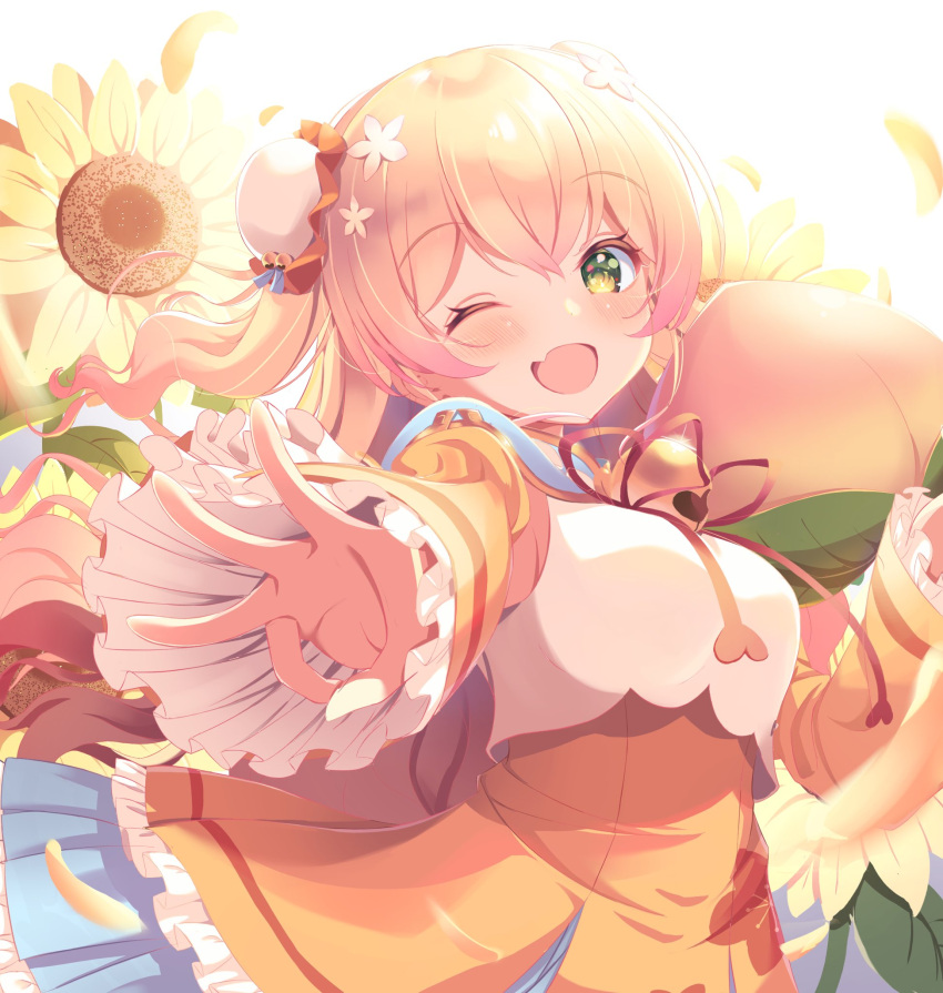 1girl bell blonde_hair bloom breasts bun_cover day dress fang flower food frilled_dress frills fruit green_eyes highres hololive jingle_bell leaf long_hair looking_at_viewer momosuzu_nene one_eye_closed open_mouth orange_dress padio_apple peach red_ribbon ribbon solo sunflower sunlight very_long_hair wavy_hair
