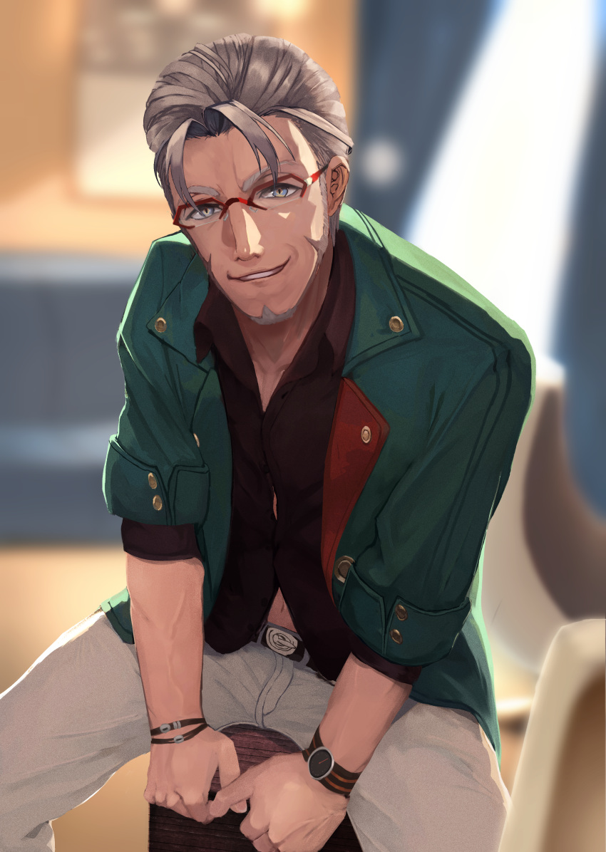 1boy absurdres arurandis belt blurry blurry_background dlop_6 facial_hair glasses goatee green_jacket grey_hair highres holostars jacket looking_at_viewer male_focus navel pants red-framed_eyewear sideburns sitting smile solo virtual_youtuber watch watch wristband