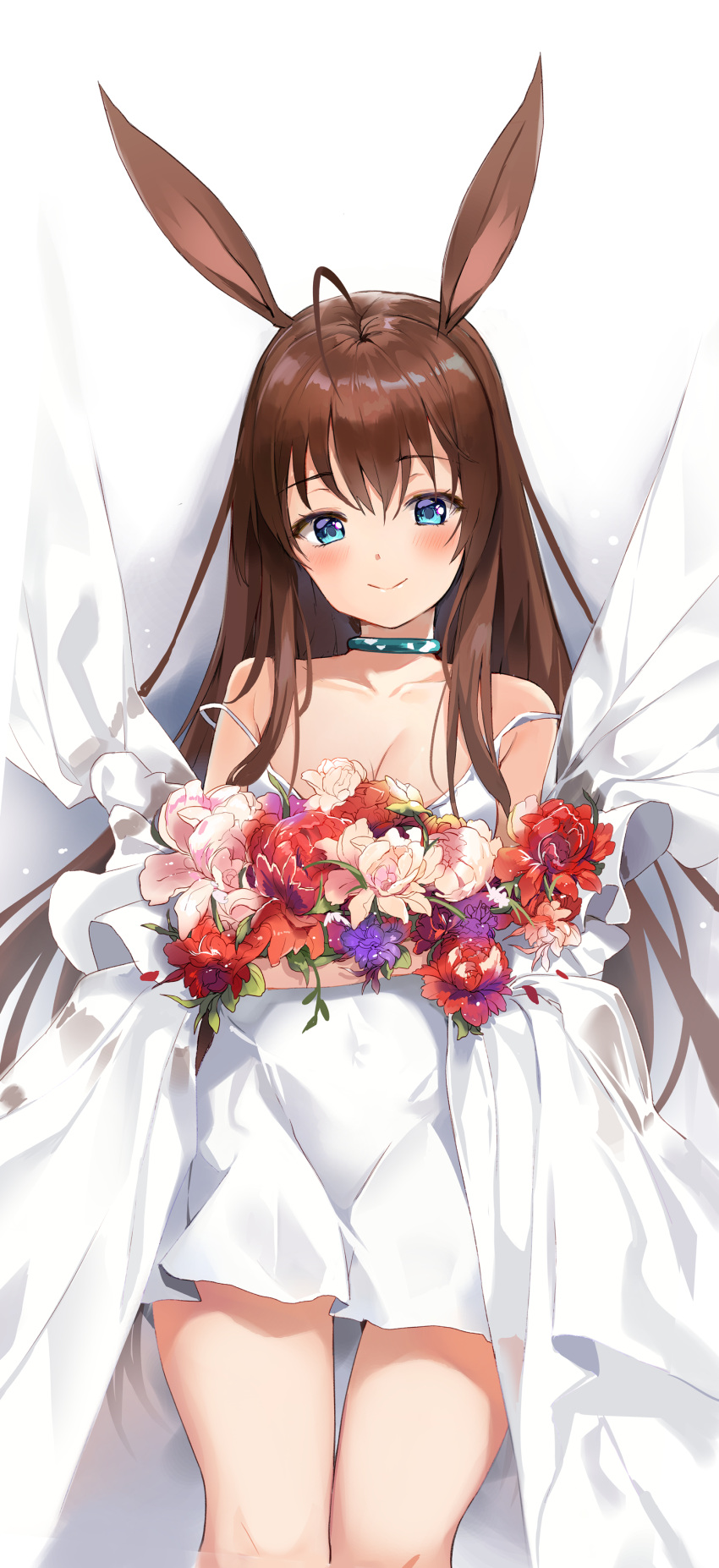 1girl absurdres ahoge alternate_costume amiya_(arknights) animal_ears arknights bangs bare_shoulders blue_choker blue_eyes blush bouquet breasts brown_hair choker closed_mouth collarbone dress eyebrows_visible_through_hair flower hair_between_eyes highres holding holding_bouquet jewelry long_hair long_sleeves looking_at_viewer rabbit_ears red_flower ring rose smile solo strapless thighs togo_(korlsj1235) white_background white_dress