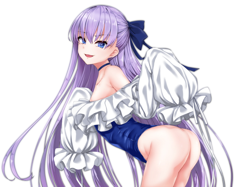 1girl arched_back ass bangs bare_shoulders blue_eyes blue_ribbon blush breasts choker collarbone fate/grand_order fate_(series) frills hair_ribbon highleg highleg_swimsuit highres long_hair long_sleeves looking_at_viewer meltryllis meltryllis_(swimsuit_lancer)_(fate) off-shoulder_swimsuit off_shoulder one-piece_swimsuit open_mouth puffy_sleeves purple_hair ribbon simple_background sleeves_past_fingers sleeves_past_wrists small_breasts smile swimsuit thighs touchuu_kasou very_long_hair white_background white_ribbon