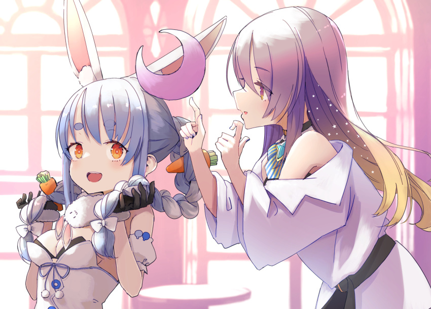 2girls animal_ear_fluff animal_ears bangs bare_shoulders black_gloves blonde_hair blush braid breasts carrot carrot_hair_ornament commentary_request detached_sleeves don-chan_(usada_pekora) english_commentary extra_ears eyebrows_visible_through_hair eyes_visible_through_hair fingernails food food_themed_hair_ornament from_side gloves gradient_hair hair_ornament highres hololive index_finger_raised indoors jewelry leaning_forward leotard long_hair looking_at_another looking_at_viewer medium_breasts mixed-language_commentary moona_hoshinova multicolored_hair multiple_girls nail_polish off_shoulder open_mouth orange_eyes purple_hair purple_nails rabbit_ears rabbit_girl short_eyebrows smile strapless thick_eyebrows tokorinowa tongue tongue_out twin_braids upper_teeth usada_pekora virtual_youtuber white_hair wide_sleeves