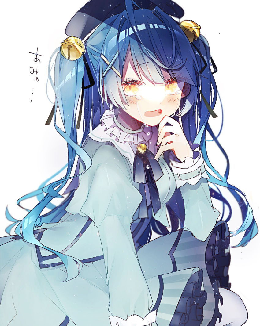 1girl ahoge amamiya_kokoro aqua_dress bangs bell beret black_headwear black_ribbon blue_hair blush collar crying crying_with_eyes_open dress eyebrows_visible_through_hair eyes_visible_through_hair frilled_collar frilled_dress frills hair_bell hair_ornament hair_ribbon hand_on_own_face hat highres jingle_bell juliet_sleeves kino-cands long_hair long_sleeves neck_ribbon nijisanji open_mouth puffy_sleeves ribbon shiny shiny_hair solo tears translated two_side_up upper_body virtual_youtuber white_background x_hair_ornament yellow_eyes