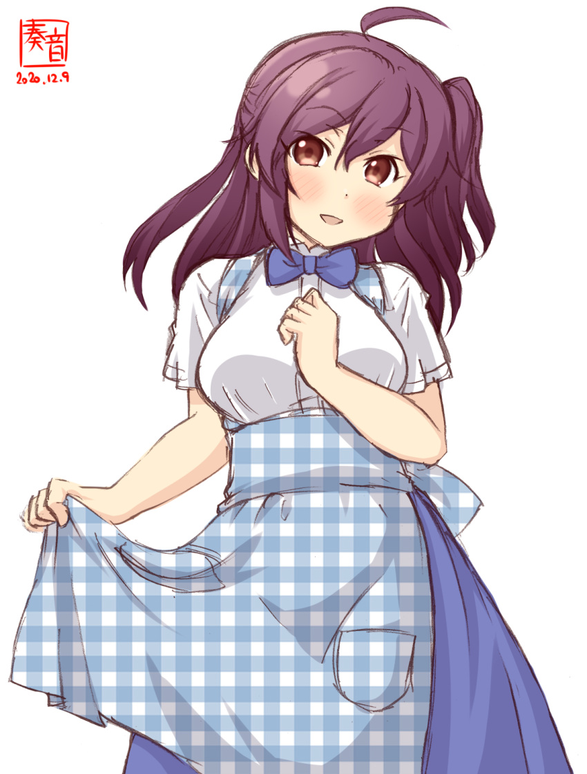 1girl ahoge alternate_costume apron apron_hold artist_logo blouse blue_apron blue_bow blue_neckwear blue_skirt bow bowtie brown_eyes commentary_request dated employee_uniform gingham gingham_apron hagikaze_(kantai_collection) high-waist_skirt highres kanon_(kurogane_knights) kantai_collection kobeya kobeya_uniform long_hair one_side_up pleated_shirt purple_hair short_sleeves simple_background skirt solo uniform unmoving_pattern waitress white_background white_blouse