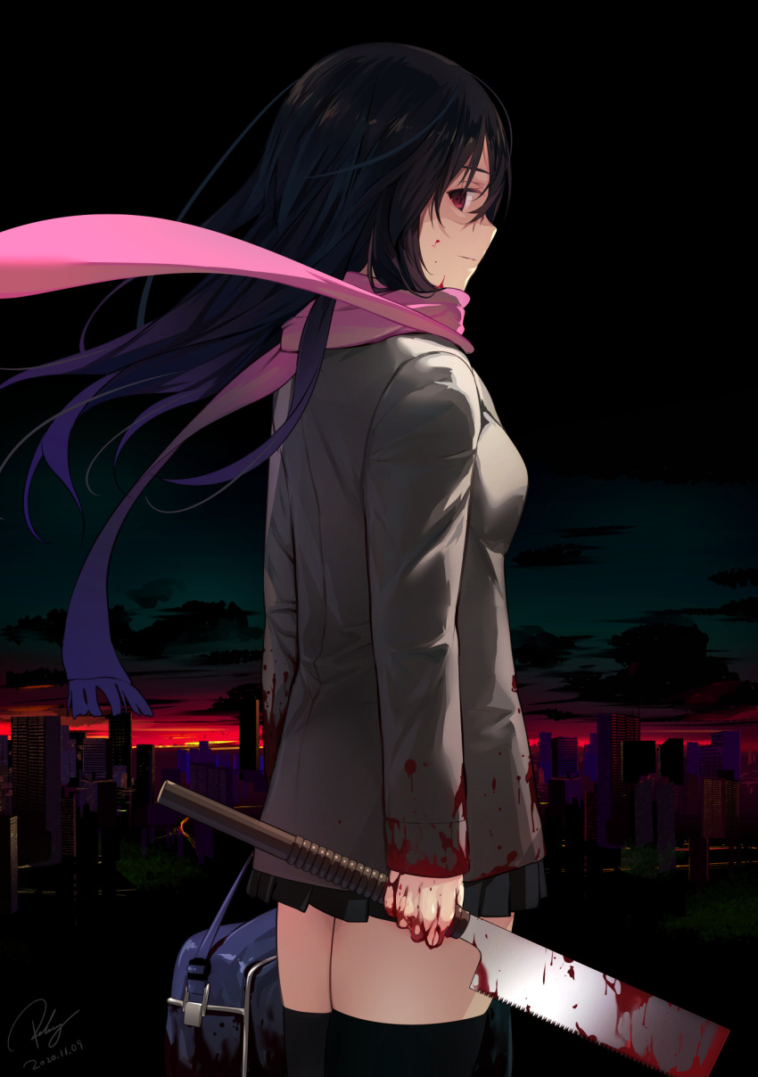 1girl bag black_hair black_legwear black_skirt blazer blood blood_on_face bloody_clothes breasts butcher_knife city cityscape cowboy_shot dated empty_eyes floating_hair from_side gradient_hair grey_jacket highres holding jacket katsura_kotonoha long_sleeves looking_at_viewer looking_to_the_side miniskirt multicolored_hair night night_sky outdoors pink_scarf pleated_skirt purple_hair re_lucy red_eyes scarf school_bag school_days school_uniform signature skirt sky small_breasts solo sunlight sunset thigh-highs wind yandere zettai_ryouiki
