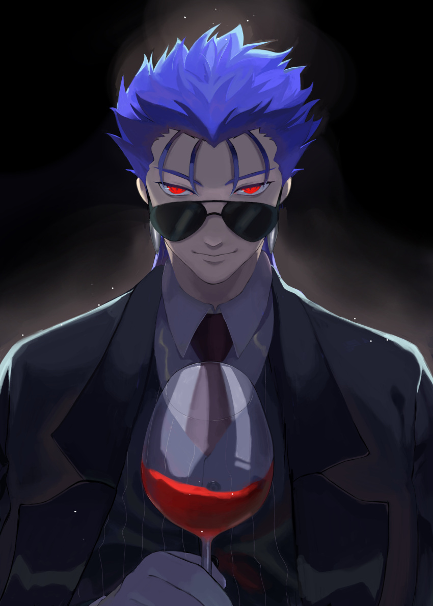 1boy absurdres alcohol alternate_costume blue_hair closed_mouth collared_shirt cu_chulainn_(fate)_(all) cup dress_shirt drinking_glass earrings fate/stay_night fate_(series) formal gloves glowing hair_down highres imchris jacket jewelry lancer looking_at_viewer male_focus necktie red_eyes shirt slit_pupils smile solo spiky_hair suit sunglasses type-moon vest wine wine_glass