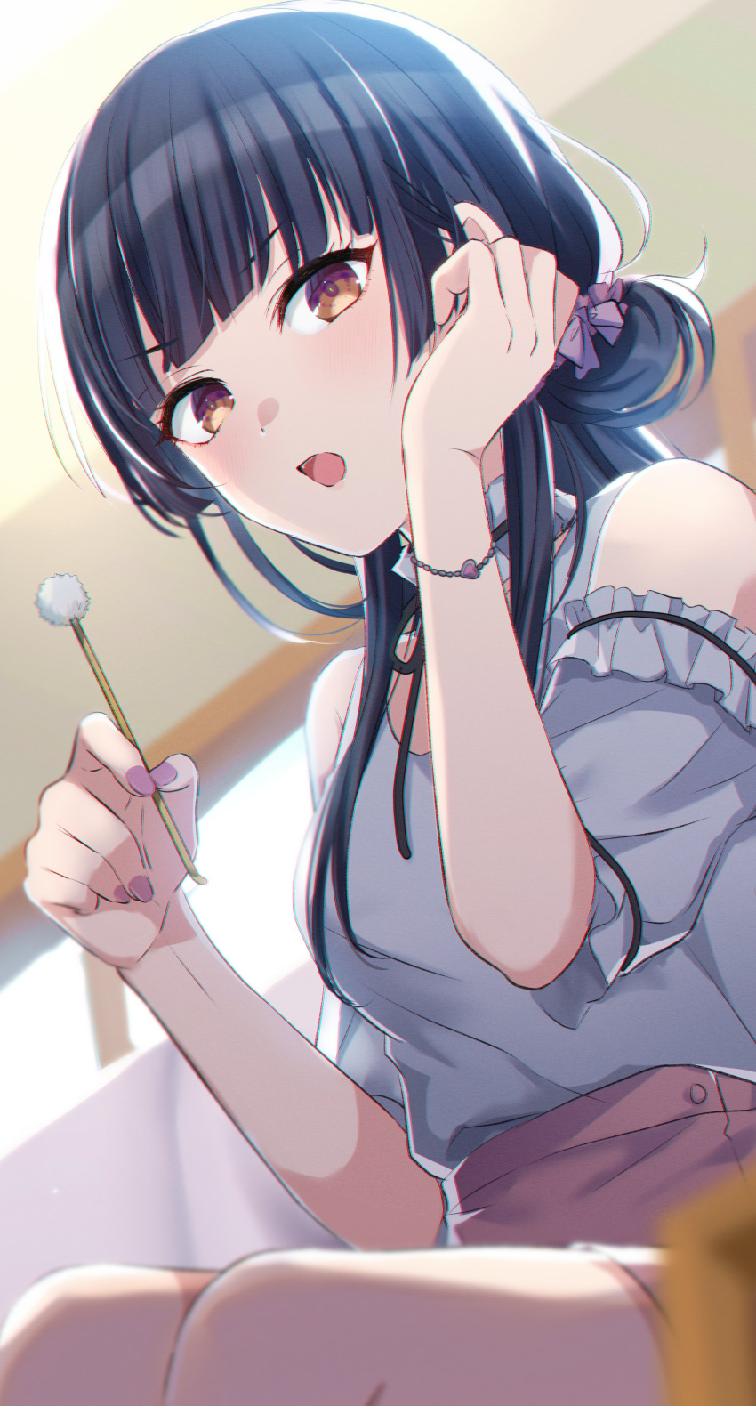 1girl absurdres bangs bare_shoulders black_hair blunt_bangs blurry_foreground bracelet brown_eyes commentary_request hair_ornament hair_scrunchie highres idolmaster idolmaster_shiny_colors indoors jewelry long_hair looking_at_viewer looking_down mayuzumi_fuyuko mimikaki nail_polish off-shoulder_shirt off_shoulder open_mouth purple_nails scrunchie shirt short_sleeves solo tied_hair white_shirt yoi_r