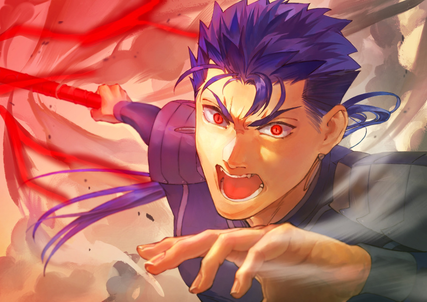 1boy absurdres angry armor blue_hair cu_chulainn_(fate)_(all) earrings fangs fate/stay_night fate_(series) floating_hair gae_bolg hand_up highres holding holding_polearm holding_weapon jewelry lancer long_hair male_focus ohagi_(takao) open_mouth pauldrons polearm ponytail red_eyes shoulder_armor slit_pupils solo spiky_hair tongue type-moon weapon