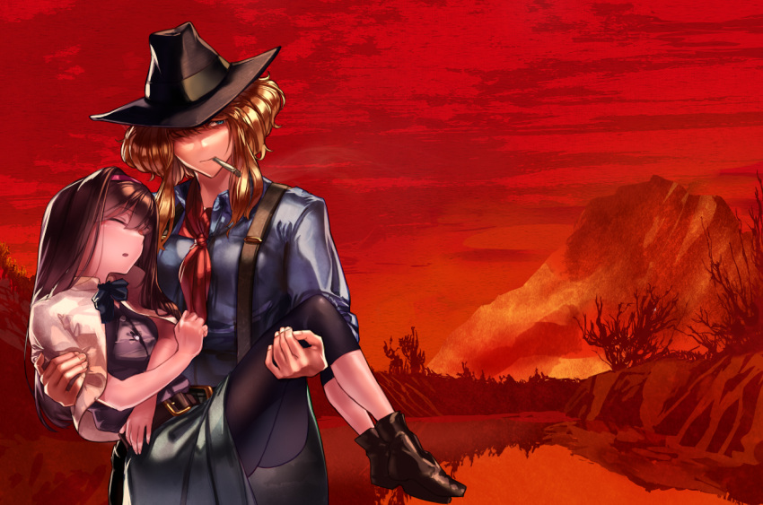 2girls alice_margatroid ascot bangs belt black_bow black_footwear black_headwear black_legwear blonde_hair blue_eyes blue_shirt bow bowtie brown_belt brown_hair buckle bush capelet carrying cigarette closed_eyes closed_mouth commentary_request cookie_(touhou) cowboy_hat cowboy_shot crossover eyebrows_visible_through_hair full_body green_skirt hair_between_eyes hair_over_one_eye hairband hat ichigo_(cookie) jigen_(cookie) long_hair looking_to_the_side medium_hair megafaiarou_(talonflame_810) mountain multiple_girls pantyhose princess_carry purple_shirt red_dead_redemption red_neckwear red_sky red_theme river shirt shoes sidelocks skirt sky standing suspenders touhou western white_capelet