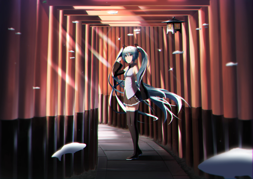 1girl absurdres aqua_eyes aqua_hair aqua_neckwear bare_shoulders black_skirt black_sleeves commentary detached_sleeves full_body fushimi_inari_taisha grey_shirt hair_ornament hand_up hatsune_miku highres lamp long_hair looking_at_viewer miniskirt multiple_torii necktie pleated_skirt shirt skirt sleeveless sleeveless_shirt smile snow standing sunlight thigh-highs torii twintails very_long_hair vocaloid vocaloid_831 wide_shot