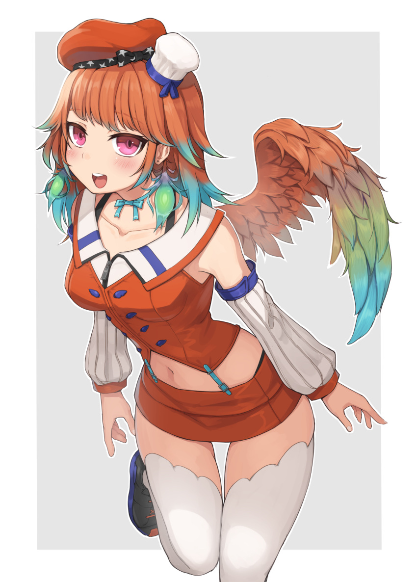 1girl bangs bow bow_choker chef_hat choker collarbone detached_sleeves eyebrows_visible_through_hair gradient gradient_hair gradient_wings green_bow green_choker green_hair green_wings hat highres hololive hololive_english leg_up looking_at_viewer multicolored multicolored_hair multicolored_wings navel nukoz open_hands open_mouth orange_hair orange_skirt orange_wings phoenix_wings skirt solo takanashi_kiara thigh-highs virtual_youtuber wings