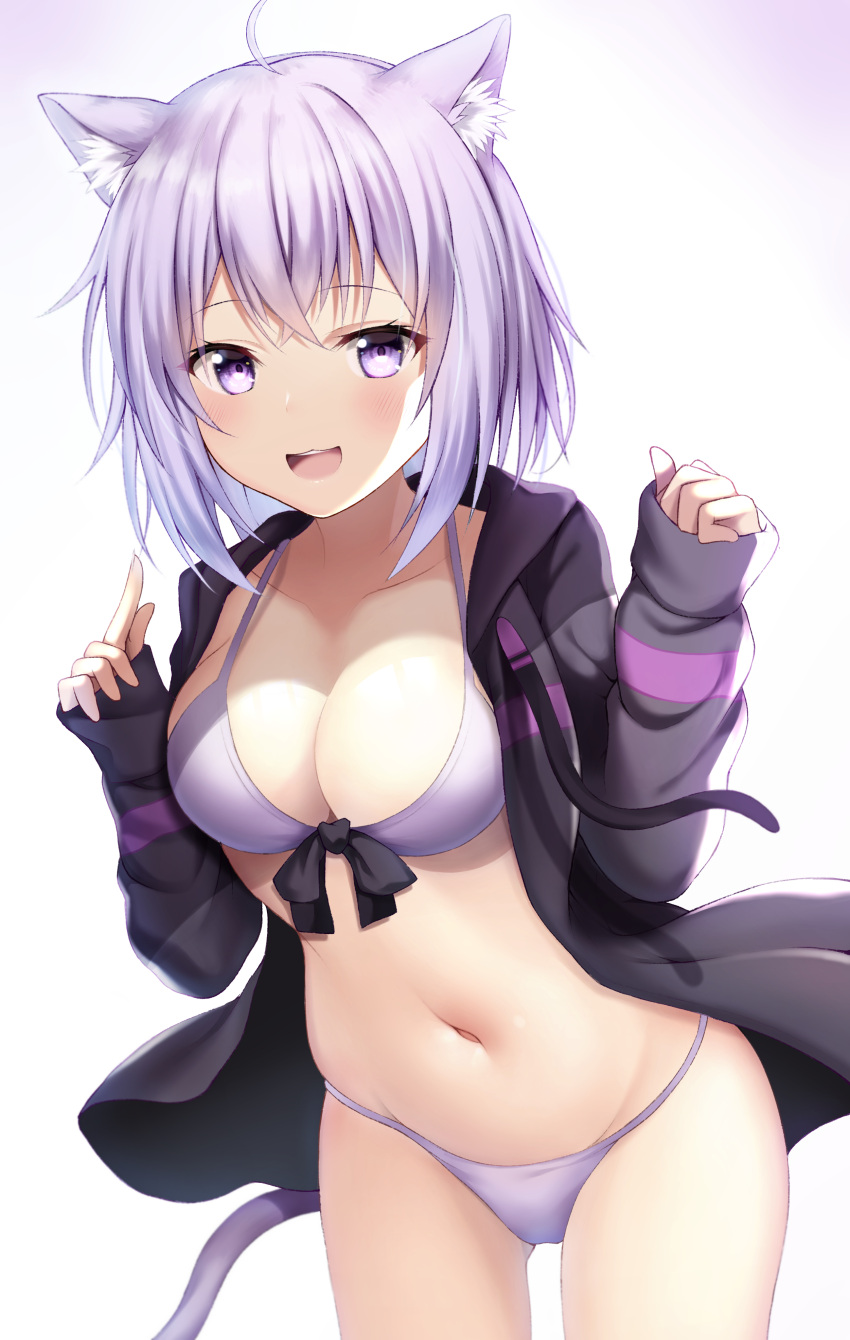 1girl absurdres animal_ear_fluff animal_ears bikini black_jacket breasts cat_ears cat_tail eyebrows_visible_through_hair gradient gradient_background highres hololive jacket long_sleeves looking_at_viewer medium_breasts navel nekomata_okayu open_clothes open_jacket open_mouth purple_bikini purple_hair short_hair smile solo swimsuit tail utekiro violet_eyes virtual_youtuber white_background