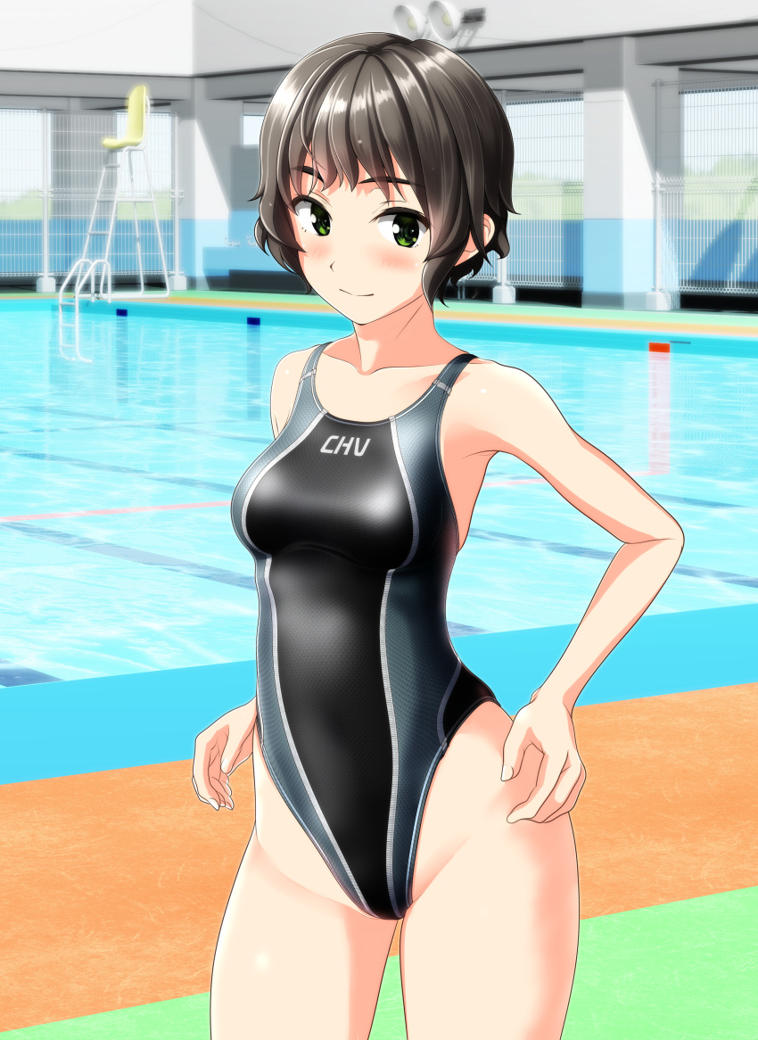 1girl absurdres black_hair black_swimsuit breasts collarbone competition_swimsuit contrapposto cowboy_shot green_eyes groin highleg highleg_swimsuit highres lifeguard_chair looking_at_viewer medium_breasts one-piece_swimsuit original pool short_hair solo standing swimsuit takafumi two-tone_swimsuit