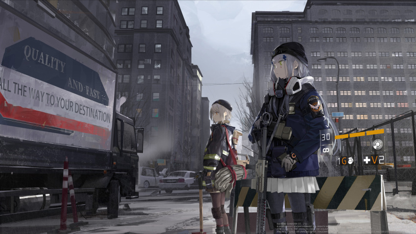 2girls absurdres agent_416_(girls_frontline) agent_vector_(girls_frontline) alternate_costume assault_rifle axe bangs black_gloves black_headwear blunt_bangs brown_legwear building car city closed_mouth english_text eyebrows_visible_through_hair facial_mark firefighter from_side gas_mask girls_frontline gloves green_eyes grey_gloves grey_hair grey_legwear grey_sky ground_vehicle gun h&amp;k_hk416 hair_ornament hat highres hk416_(girls_frontline) holding holding_gun holding_phone holding_weapon jacket knee_pads long_hair long_sleeves looking_away mask mask_removed motor_vehicle multiple_girls orange_eyes outdoors p416 paindude pantyhose phone police revision rifle road short_hair sidelocks silver_hair skirt sky standing street teardrop tom_clancy's_the_division truck user_interface vector_(girls_frontline) watch weapon white_skirt window wrist_cuffs