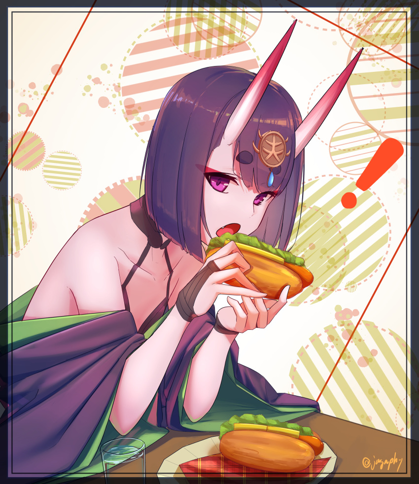 ! 1girl absurdres bangs bare_shoulders bob_cut breasts bridal_gauntlets collarbone cup eating eyeliner fate/grand_order fate_(series) headpiece highres horns hot_dog japanese_clothes kimono long_sleeves looking_at_viewer makeup off_shoulder oni oni_horns open_mouth plate purple_hair purple_kimono revealing_clothes sawarineko short_hair shuten_douji_(fate/grand_order) skin-covered_horns small_breasts violet_eyes wide_sleeves