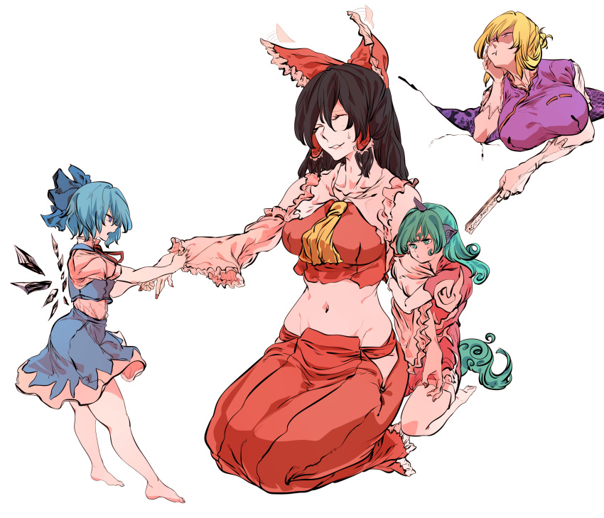 4girls absurdres adapted_costume alternate_hairstyle alternate_sleeve_length aqua_eyes aqua_hair arm_hug ascot bangs barefoot black_hair blonde_hair blue_eyes blue_nails blue_skirt blue_vest bow breasts check_commentary cirno closed_eyes closed_fan cloud_print collarbone commentary_request crop_top curly_hair detached_sleeves dress fan fingernails folding_fan frilled_bow frilled_hair_tubes frilled_shirt_collar frilled_skirt frills gap_(touhou) gloves green_hair grid grin groin hair_bow hair_bun hair_ribbon hair_tubes hair_up hakama_skirt hakurei_reimu highres hip_focus hip_vent holding holding_fan horns huge_breasts ice ice_wings jealous kariyushi_shirt kariyushi_shorts komano_aun kyanduru large_breasts legs light_blue_hair long_hair long_skirt looking_at_another looking_down motion_lines multiple_girls navel nervous_smile outline pointy_ears pout profile red_nails red_ribbon red_shirt ribbon ribbon-trimmed_sleeves ribbon_trim seiza shaded_face shirt short_hair short_sleeves shorts sidelocks simple_background single_horn sitting skirt skirt_set sleeve_tug sleeveless sleeveless_shirt smile soles stomach sweatdrop tabard tail talking thighs toenail_polish toenails toes touhou tug vest violet_eyes white_background white_dress white_gloves white_shirt wide_sleeves wings wolf_tail yakumo_yukari yellow_neckwear