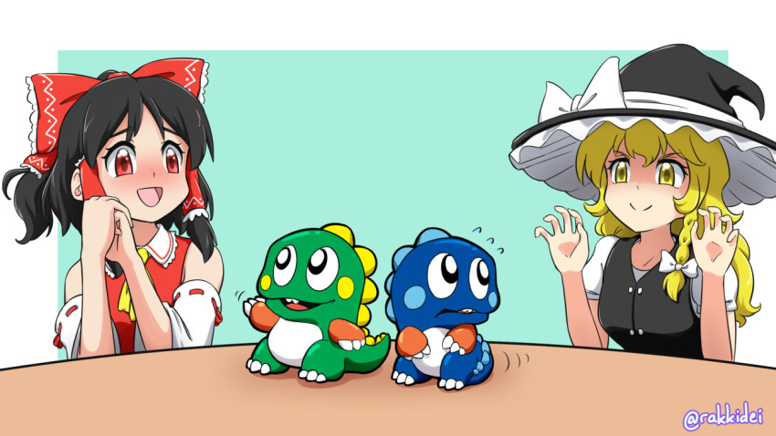 2girls :d arms_up bare_shoulders black_hair black_headwear black_vest blonde_hair blue_background blush bob_(bubble_bobble) bow braid bub_(bubble_bobble) bubble_bobble commission cravat creature detached_sleeves english_commentary flying_sweatdrops hair_bow hair_ribbon hair_tubes hakurei_reimu hands_on_own_face hat kirisame_marisa long_hair multiple_girls open_mouth own_hands_together puffy_short_sleeves puffy_sleeves rakkidei red_eyes red_vest ribbon ribbon-trimmed_sleeves ribbon_trim shirt short_hair short_ponytail short_sleeves sidelocks simple_background single_braid smile touhou tress_ribbon twitter_username upper_body vest white_shirt witch_hat yellow_eyes yellow_neckwear