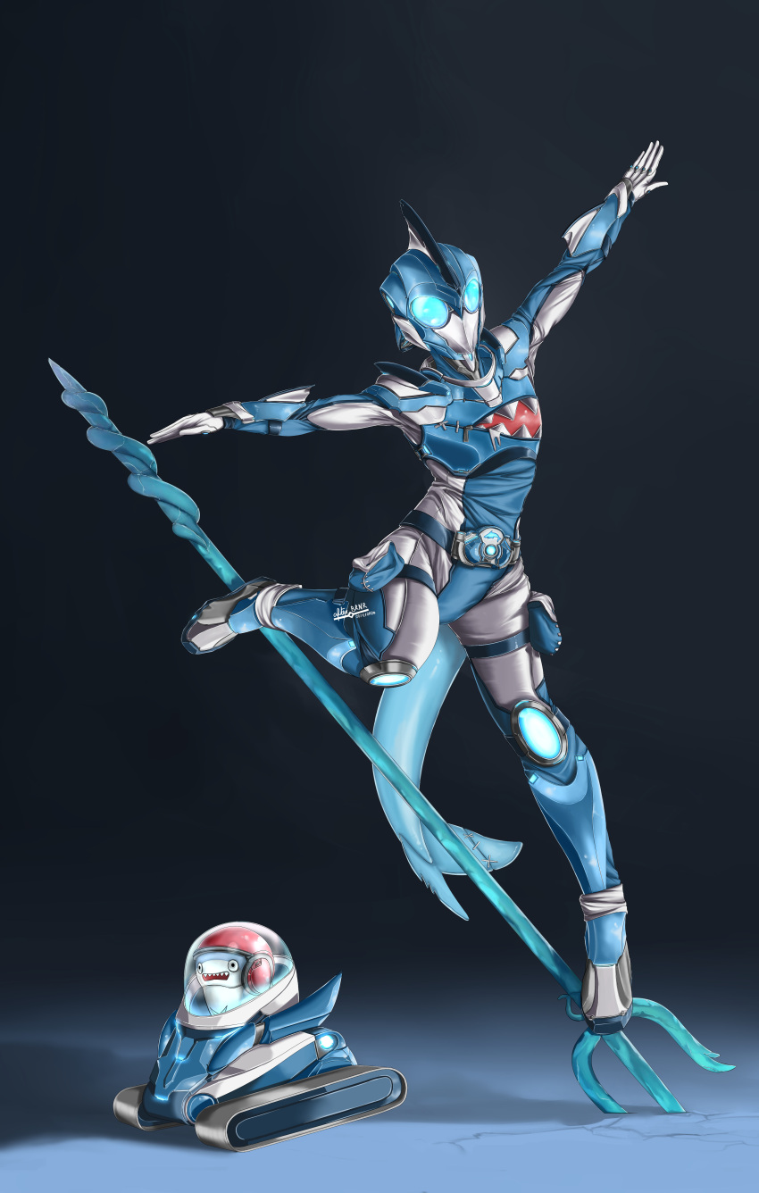 1girl absurdres afterbrnr alternate_form bloop_(gawr_gura) blue_eyes dynamic_pose english_commentary fish_tail gawr_gura highres hololive hololive_english kamen_rider looking_up open_hands open_mouth outstretched_arms power_armor shark_tail sharp_teeth solo_focus tail teeth tokusatsu virtual_youtuber
