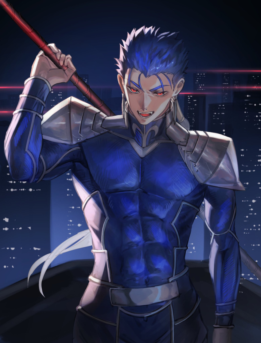 1boy abs armor blue_hair bodysuit building cu_chulainn_(fate)_(all) earrings fangs fate/stay_night fate_(series) gae_bolg grin highres holding holding_polearm holding_weapon jewelry lancer long_hair looking_at_viewer looking_up makitoshi0316 male_focus muscle night open_mouth outdoors pauldrons pectorals polearm polearm_behind_back ponytail red_eyes shoulder_armor skin_tight skyscraper slit_pupils smile solo spiky_hair type-moon weapon