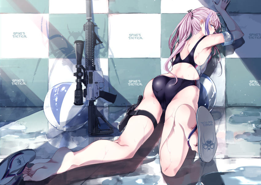 1girl against_wall angled_foregrip ar-15 armband ass back_cutout ball beachball clothing_cutout competition_swimsuit flip-flops from_behind full_body girls_frontline gun hand_on_wall highres holster kneeling knife looking_at_viewer mishima_hiroji multicolored_hair one-piece_swimsuit pink_hair ponytail puddle rifle sandals scope solo st_ar-15_(girls_frontline) streaked_hair suppressor swimsuit thigh_holster thigh_strap thighs weapon