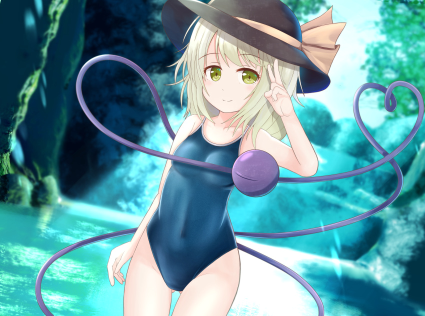1girl ass_visible_through_thighs blue_swimsuit collarbone competition_school_swimsuit competition_swimsuit covered_navel eyeball eyebrows_visible_through_hair forest green_eyes green_hair hat hat_ribbon heart heart_of_string highres komeiji_koishi looking_at_viewer nature new_school_swimsuit one-piece_swimsuit ribbon river school_swimsuit str11x swimsuit touhou water