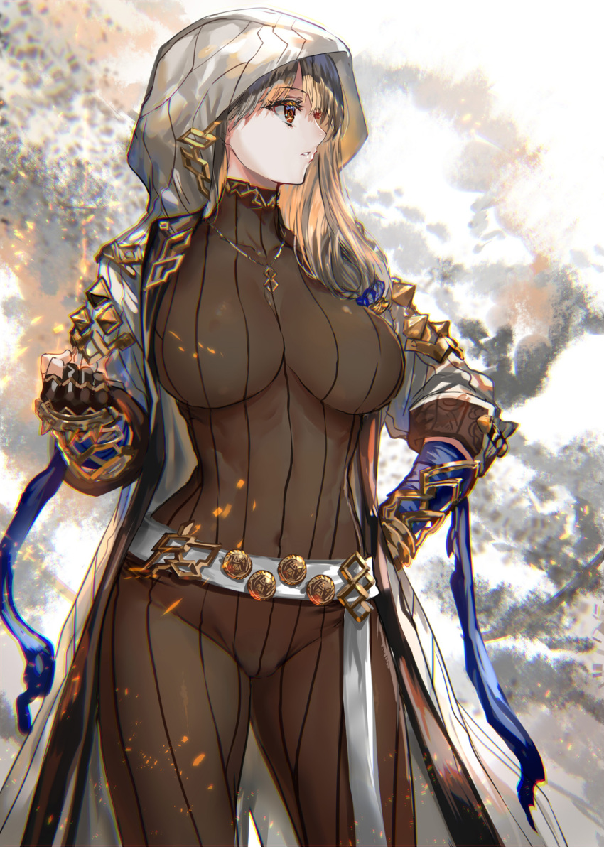 1girl bangs belt blonde_hair bodysuit bracer breasts clenched_hand cloak commentary_request covered_navel gloves hair_tubes hand_on_hip highres hood hooded_cloak jewelry large_breasts long_hair looking_to_the_side necklace original parted_lips partially_fingerless_gloves ponytail ran'ou_(tamago_no_kimi) ribbed_bodysuit solo studded_belt thighs white_cloak yellow_eyes