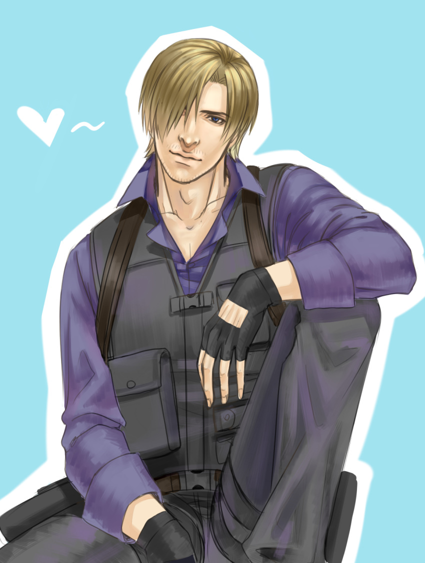 1boy blonde_hair blue_eyes blue_shirt cang_fade curtained_hair facial_hair fingerless_gloves gloves heart high_collar highres leon_s_kennedy looking_at_viewer male_focus resident_evil resident_evil_6 shirt solo spoken_heart stubble vest