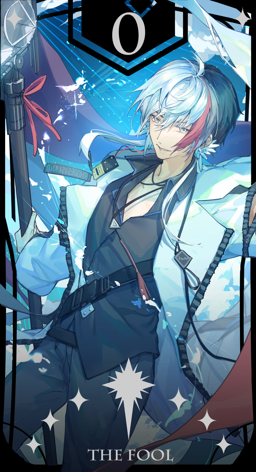 1boy absurdres arknights elysium_(arknights) highres holding_javelin jacket javelin jewelry kotatsu_kaya looking_at_viewer multicolored_hair necklace open_clothes open_jacket open_mouth polearm redhead silver_hair spear star_(symbol) tarot weapon white_jacket