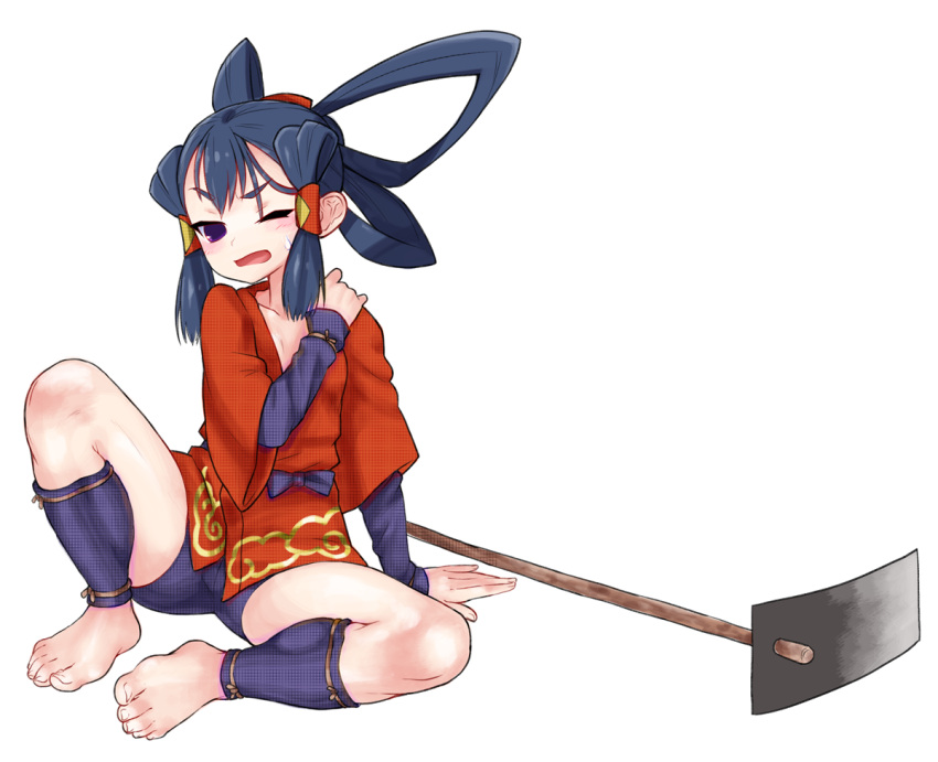 1girl ankle_wrap barefoot bike_shorts blue_hair blush breasts feet hand_on_shoulder hoe japanese_clothes kimono off_shoulder one_eye_closed sakuna-hime short_kimono sitting small_breasts spread_legs tensui_no_sakuna-hime tied_hair up_(mmmmmmmmss) wince