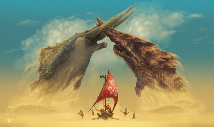 1girl 1other armor boat cat clouds commentary creature dah'ren_mohran delex desert english_commentary felyne fighting fish giant highres jhen_mohran monster monster_hunter sand scales size_difference sky tacuyanjun watercraft watermark